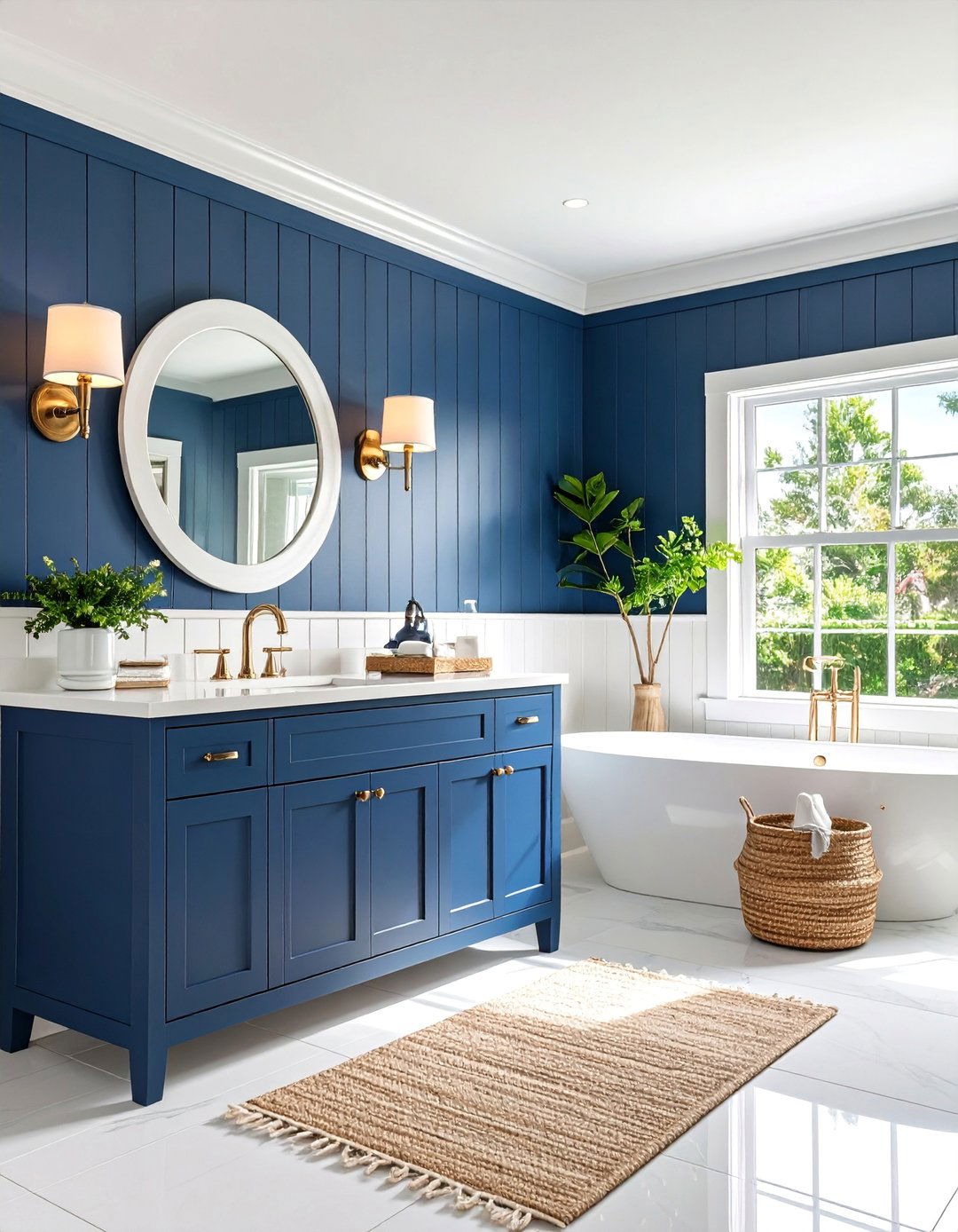 Navy Blue Coastal Powder Room with Shiplap Walls - 25 blue powder room ideas