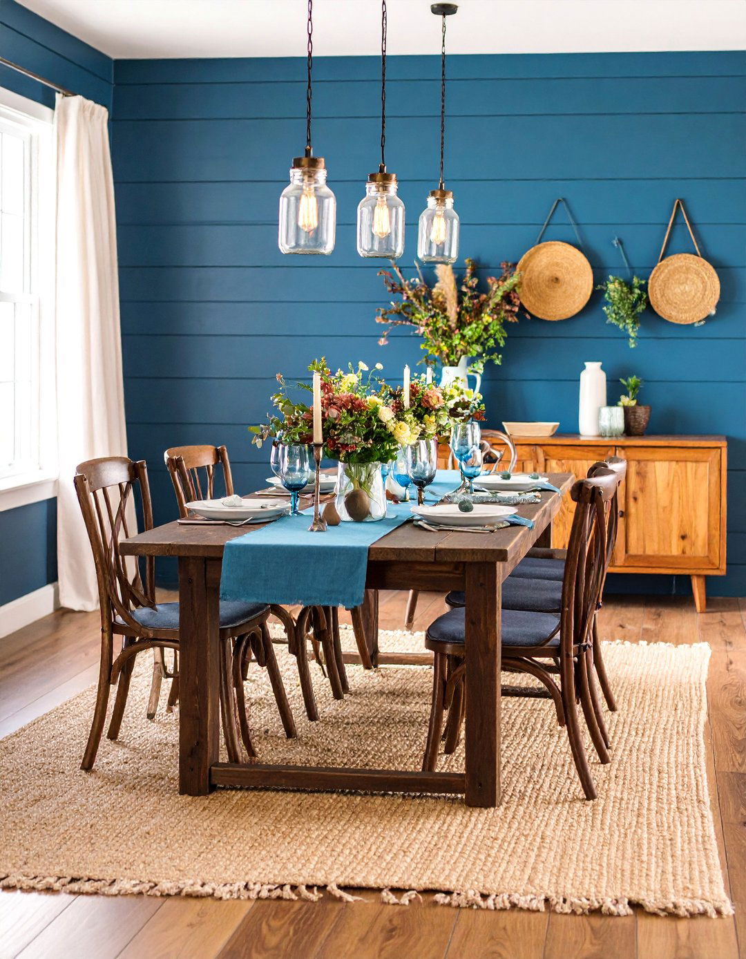 Navy Blue Farmhouse Dining Room with Shiplap Walls - 25 Blue Dining Room Ideas