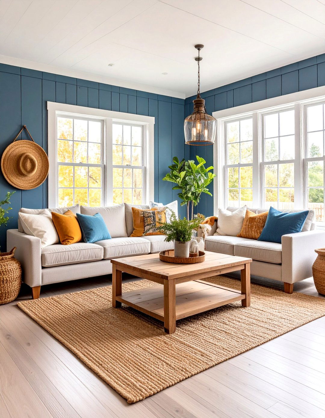 Navy Blue Farmhouse Living Room with Brass Hardware - 25 Blue and Gold Living Room Ideas