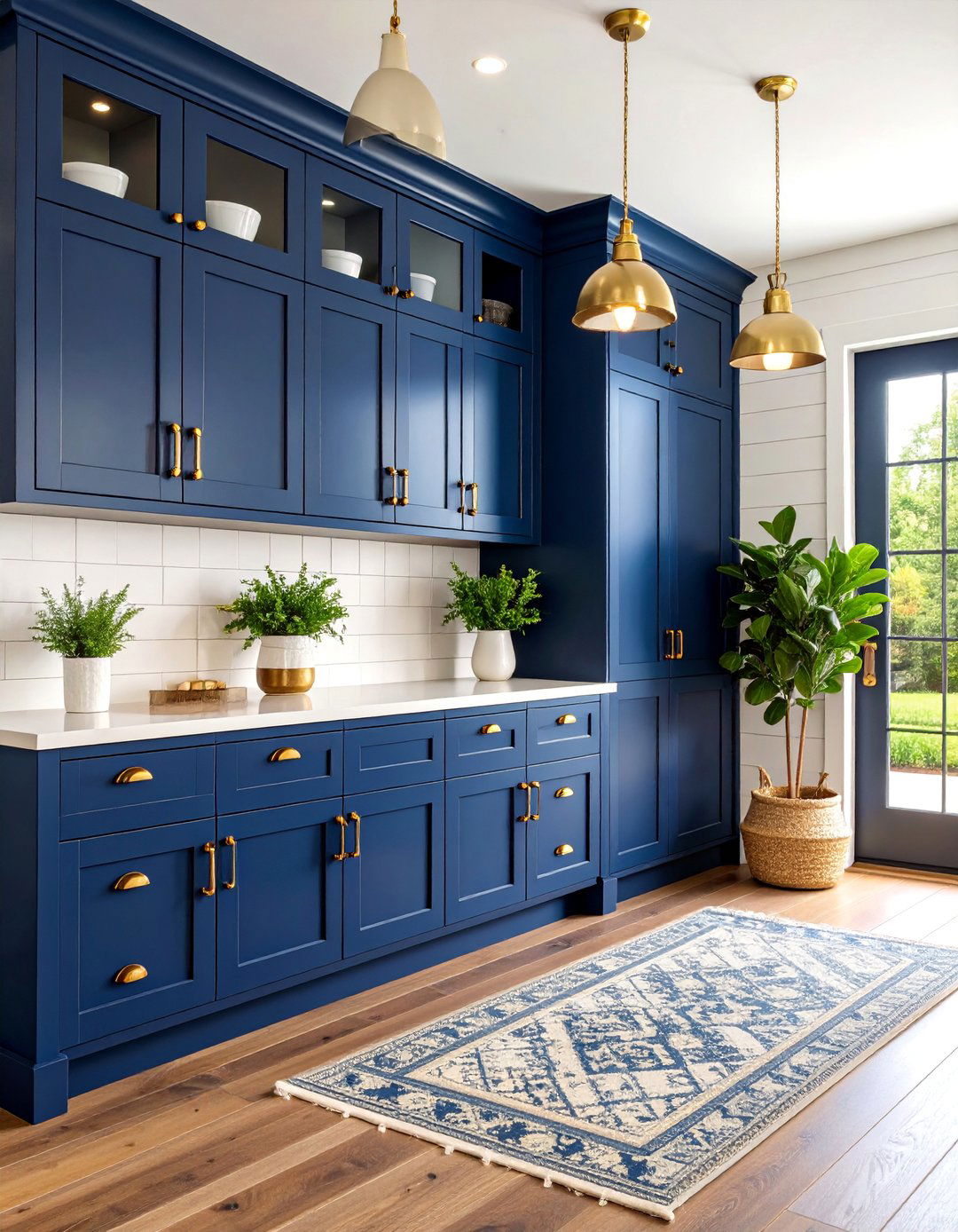 Navy Blue Farmhouse Mudroom with Brass Accents - 25 Farmhouse Mudroom Ideas