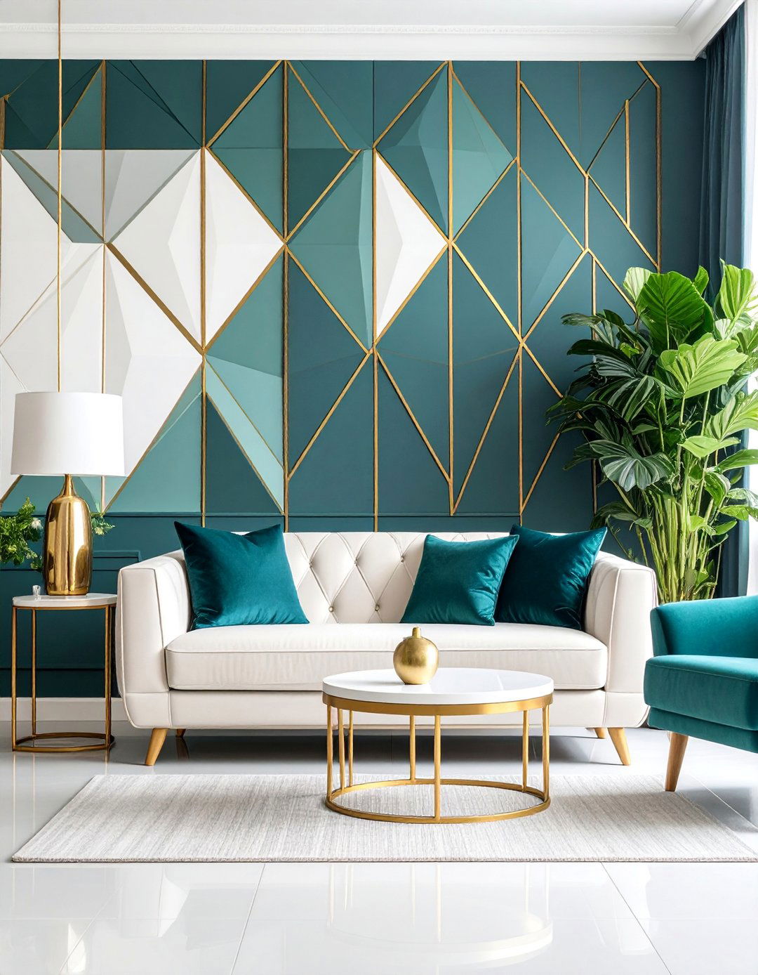 Navy Blue Geometric Wallpaper Feature Wall - 25 Navy Blue Living Room Ideas