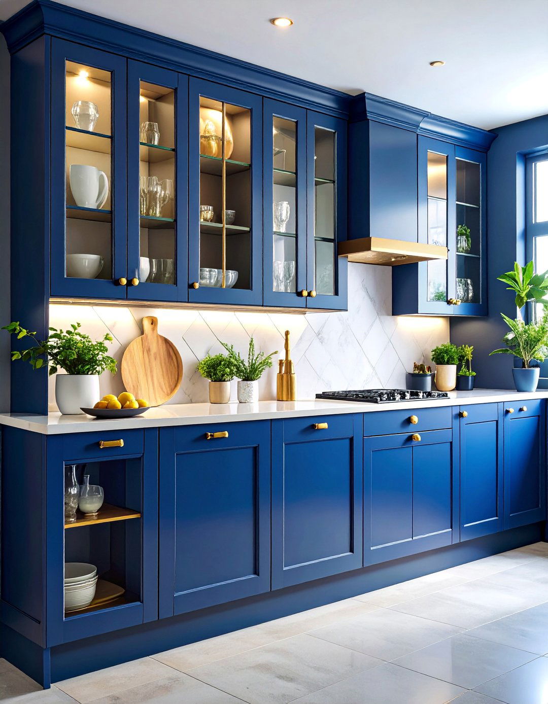 Navy Blue Glass Front Cabinets for Display - 25 Navy Blue Kitchen Cabinets Ideas