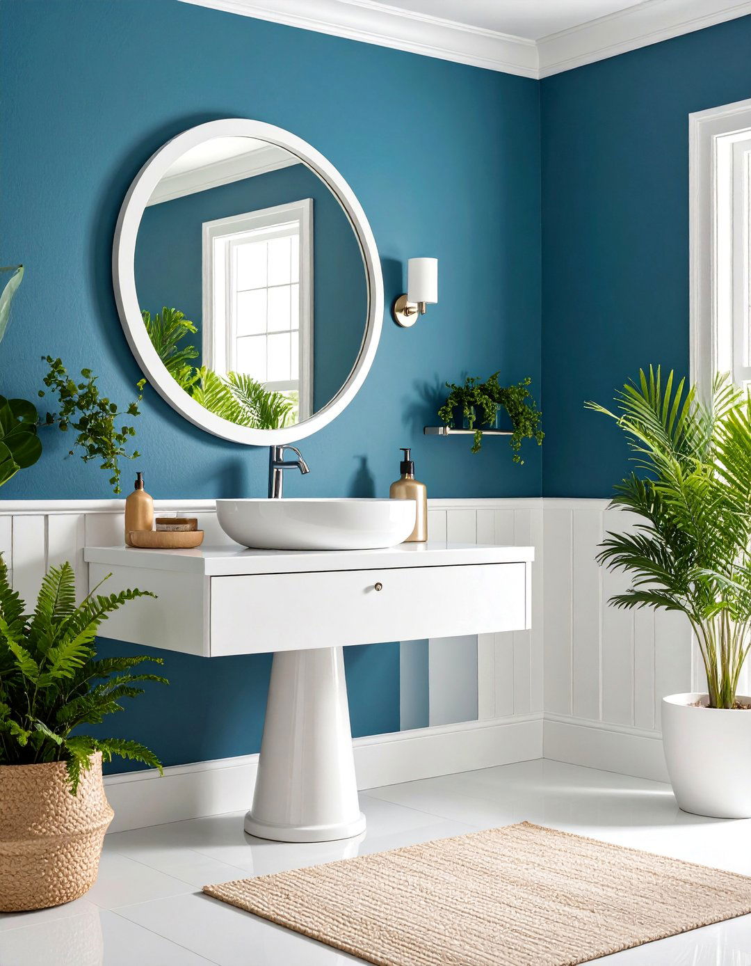 Navy Blue Grasscloth Wallpaper Powder Room with White Accents - 25 navy blue powder room ideas