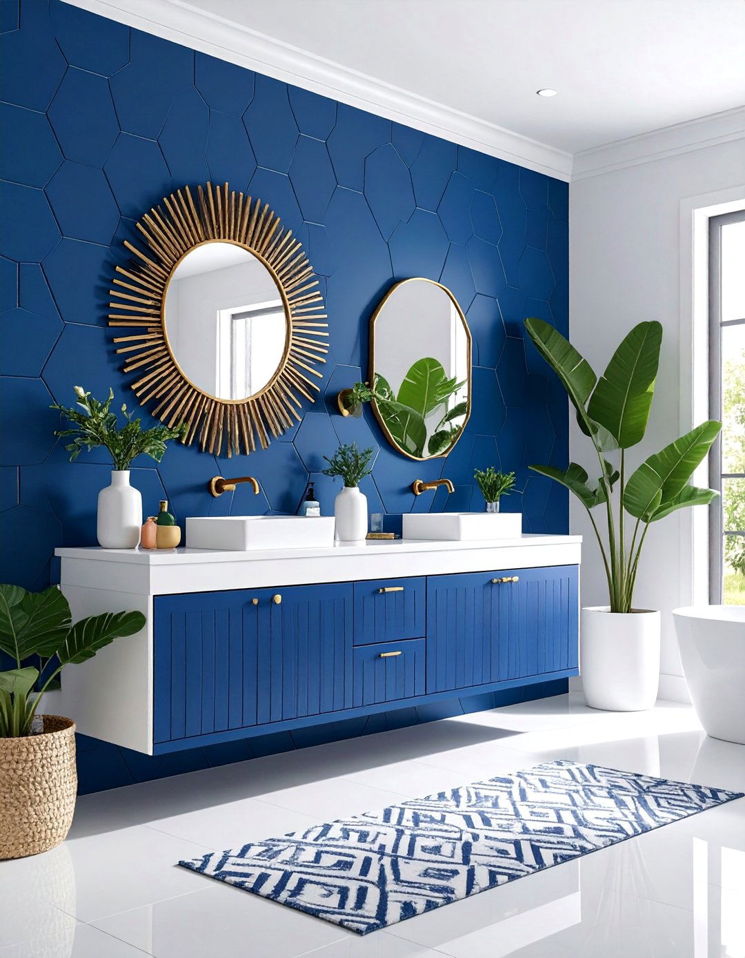 Navy Blue Hexagon Tile Powder Room with Brass Accents - 25 navy blue powder room ideas