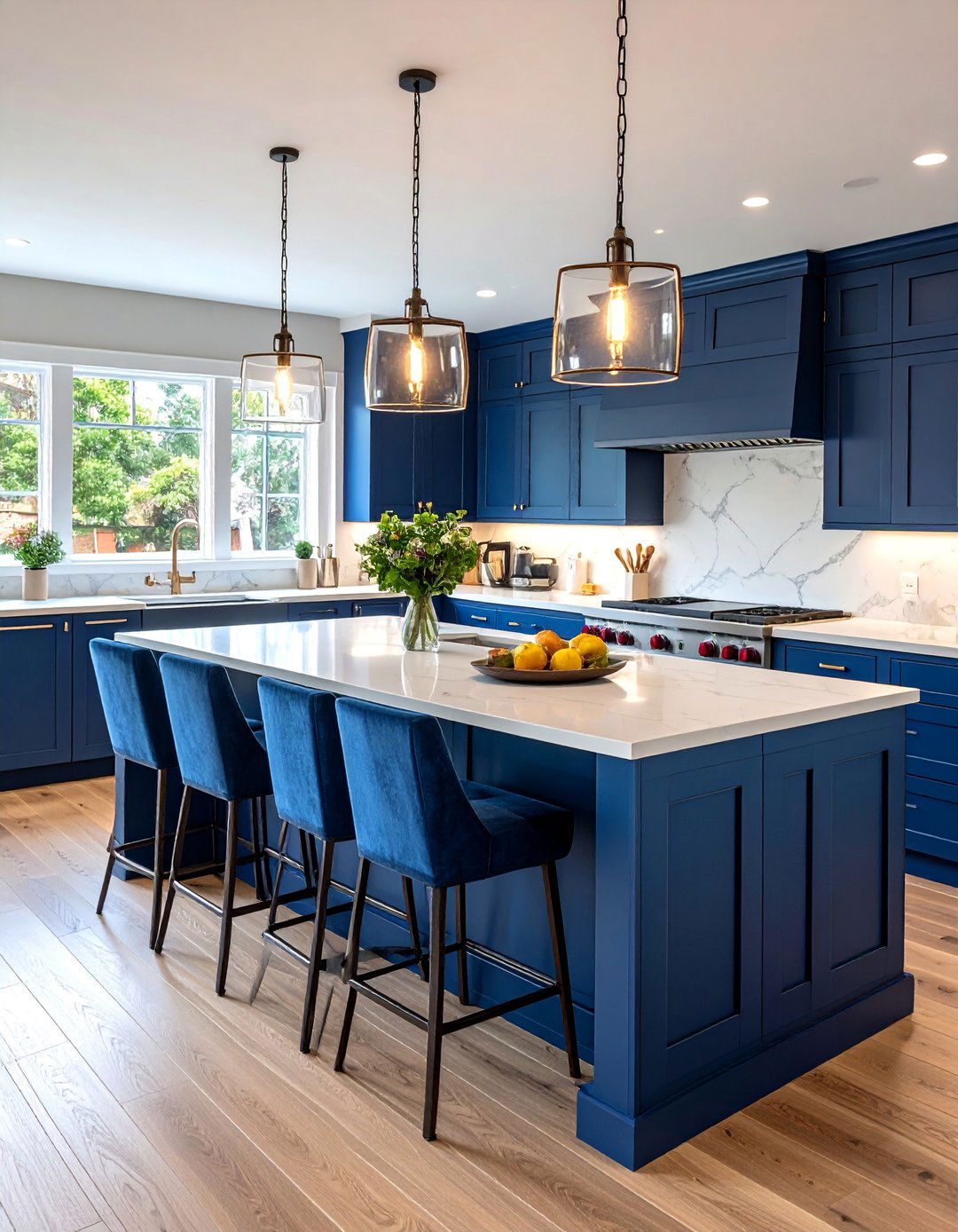 Navy Blue Island with Built in Banquette Seating - 25 Blue Kitchen Island Ideas