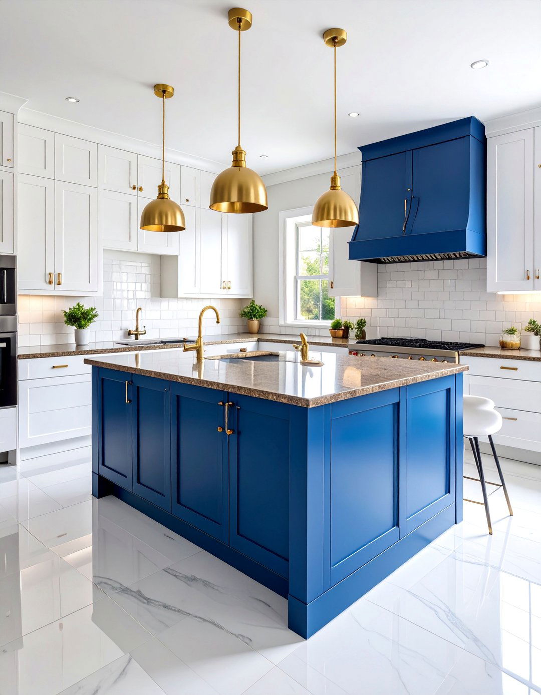 Navy Blue Island with Perimeter White Cabinets - 25 blue kitchen cabinets with brown granite countertops
