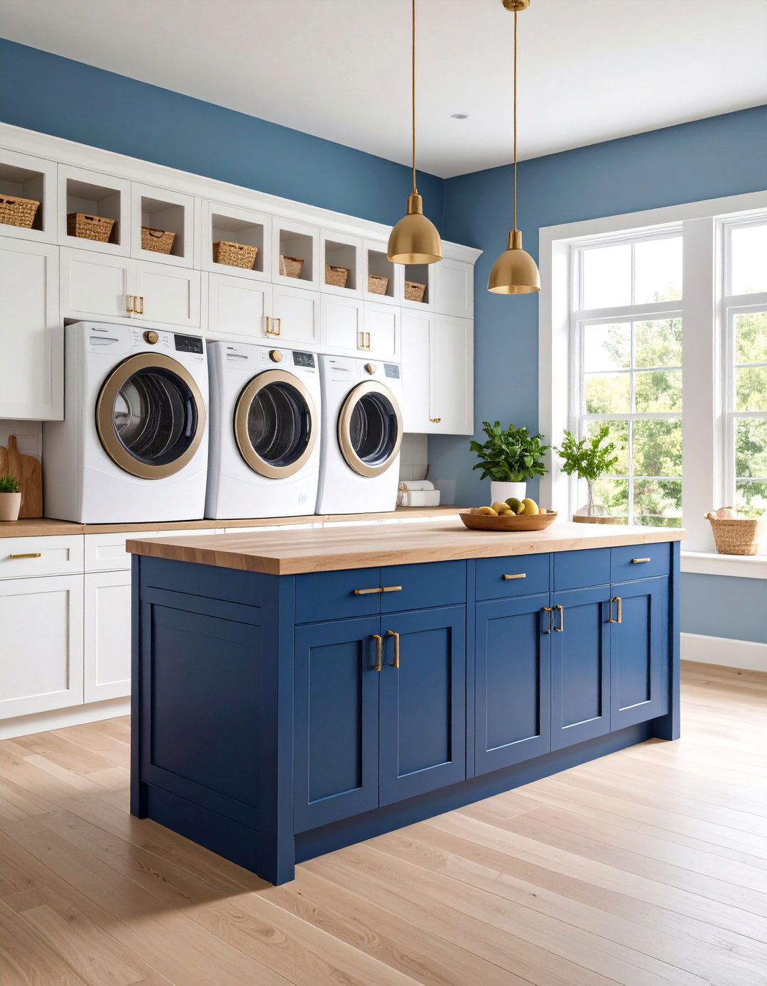 Navy Blue Island with White Perimeter Cabinets - 25 Blue Laundry Room Ideas