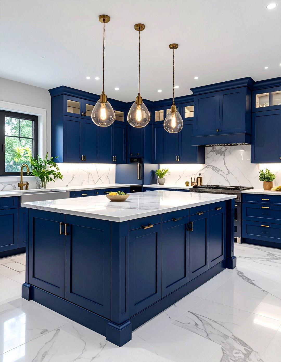 Navy Blue Island with White Perimeter Cabinets - 25 Blue and White Kitchen Ideas