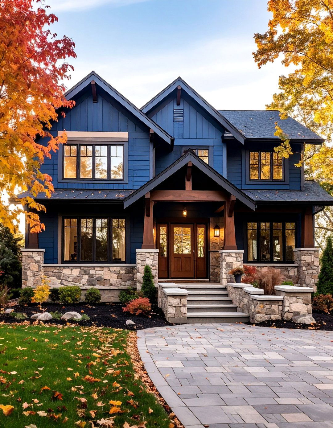 Navy Blue Lap Siding with Warm Beige Stone - 25 Midnight Blue & Dark Blue House Siding Colors