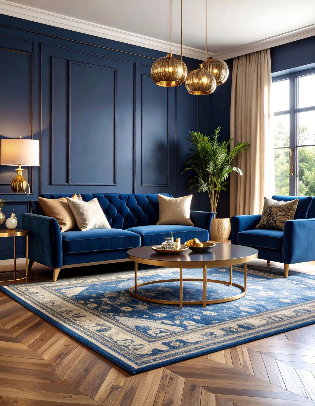 Navy Blue Living Room with Brass Accents - 25 Blue Room Ideas