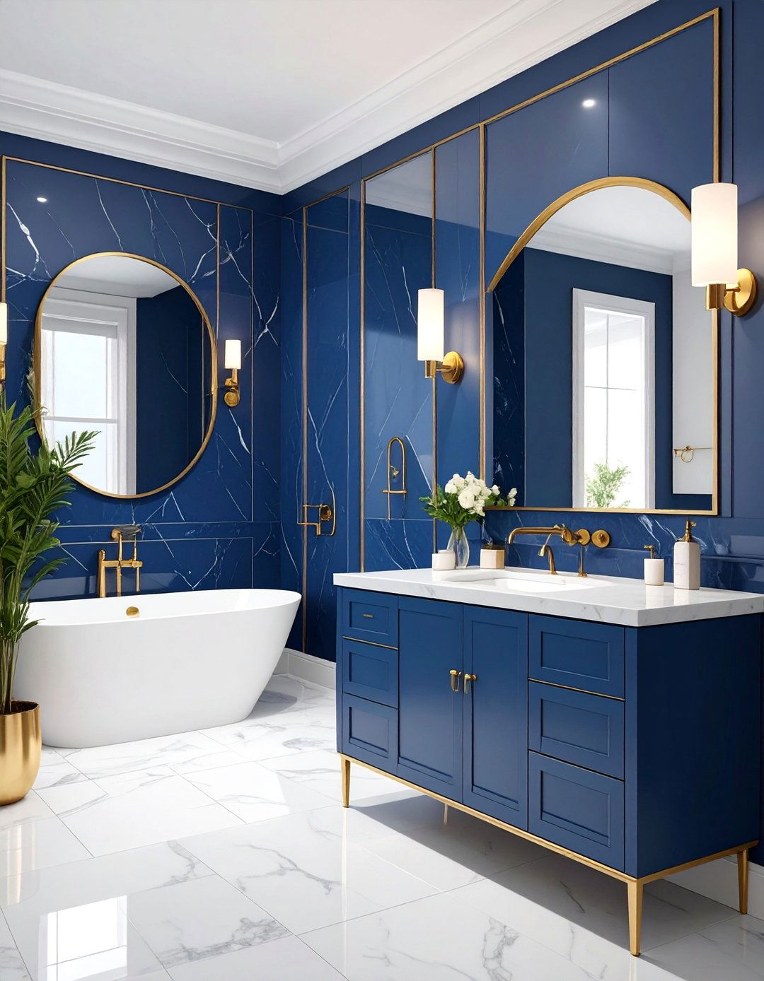 Navy Blue Marble Powder Room with Brass Fixtures - 25 navy blue powder room ideas