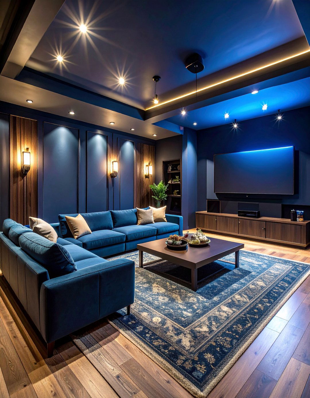 Navy Blue Media Room with Comfortable Seating - 25 Blue Room Ideas