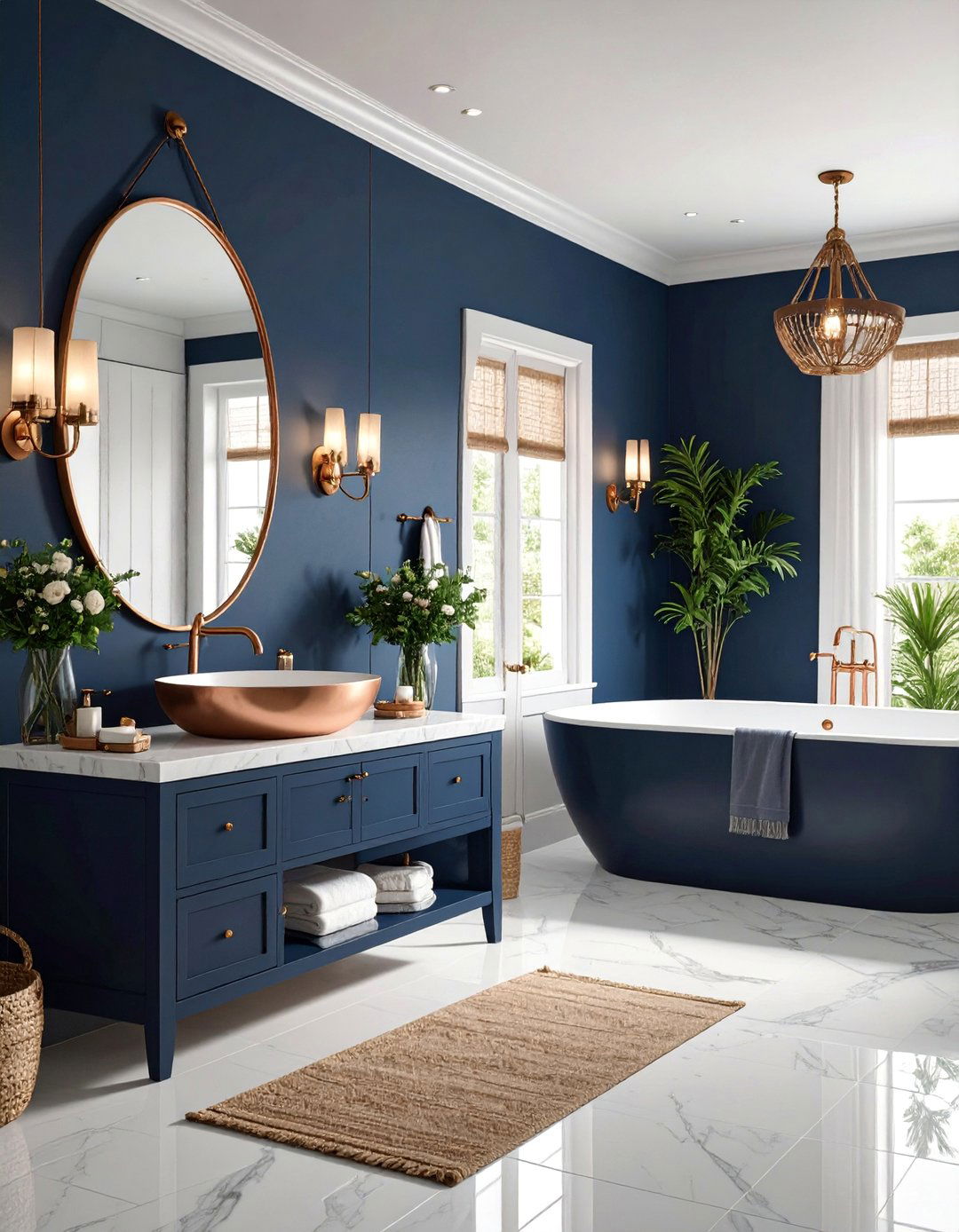 Navy Blue Nautical Bathroom with Copper Details - 25 Dark Bathroom Ideas