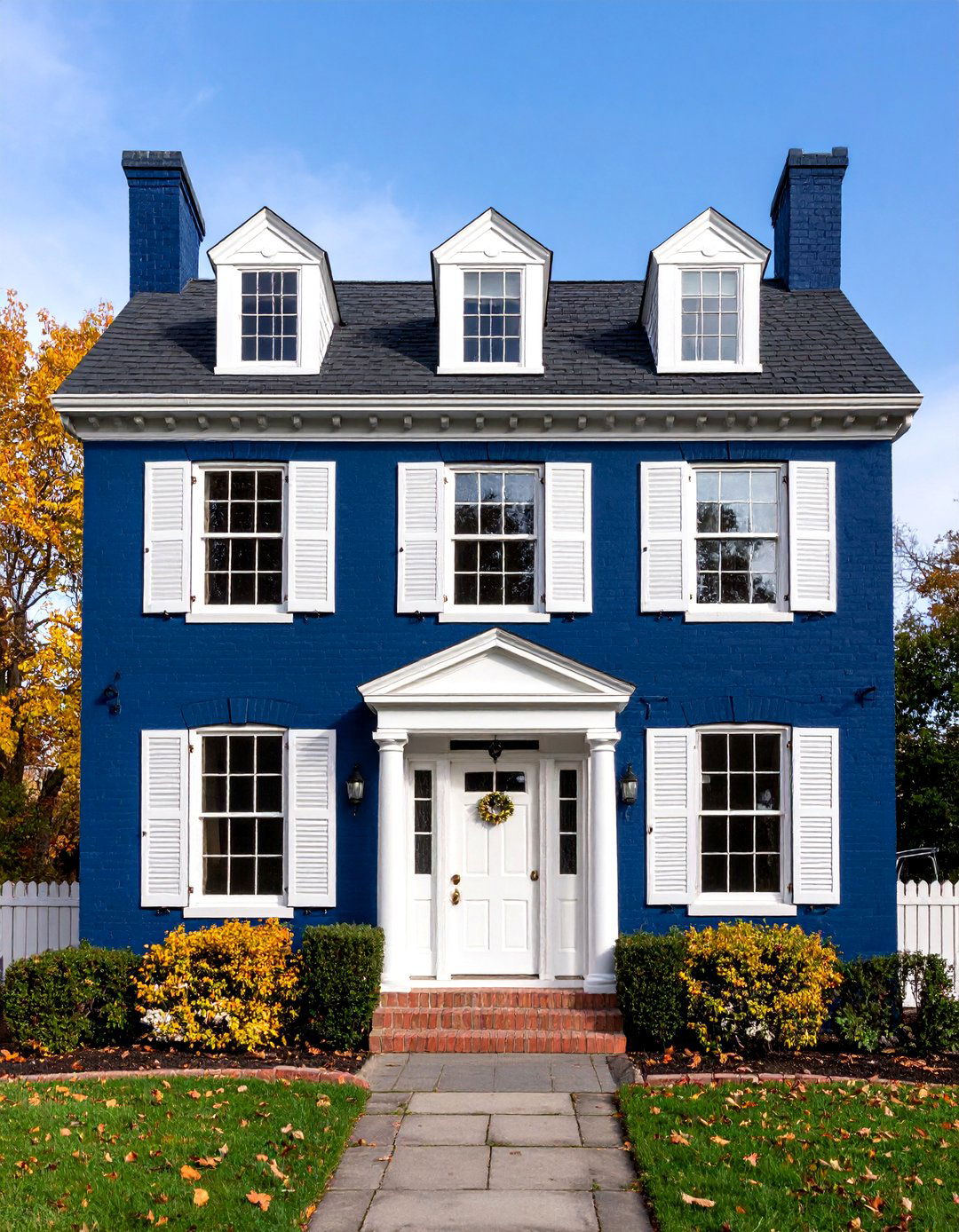 Navy Blue Painted Brick with White and Brass Accents - 25 Exterior Brick and Paint Color Combinations