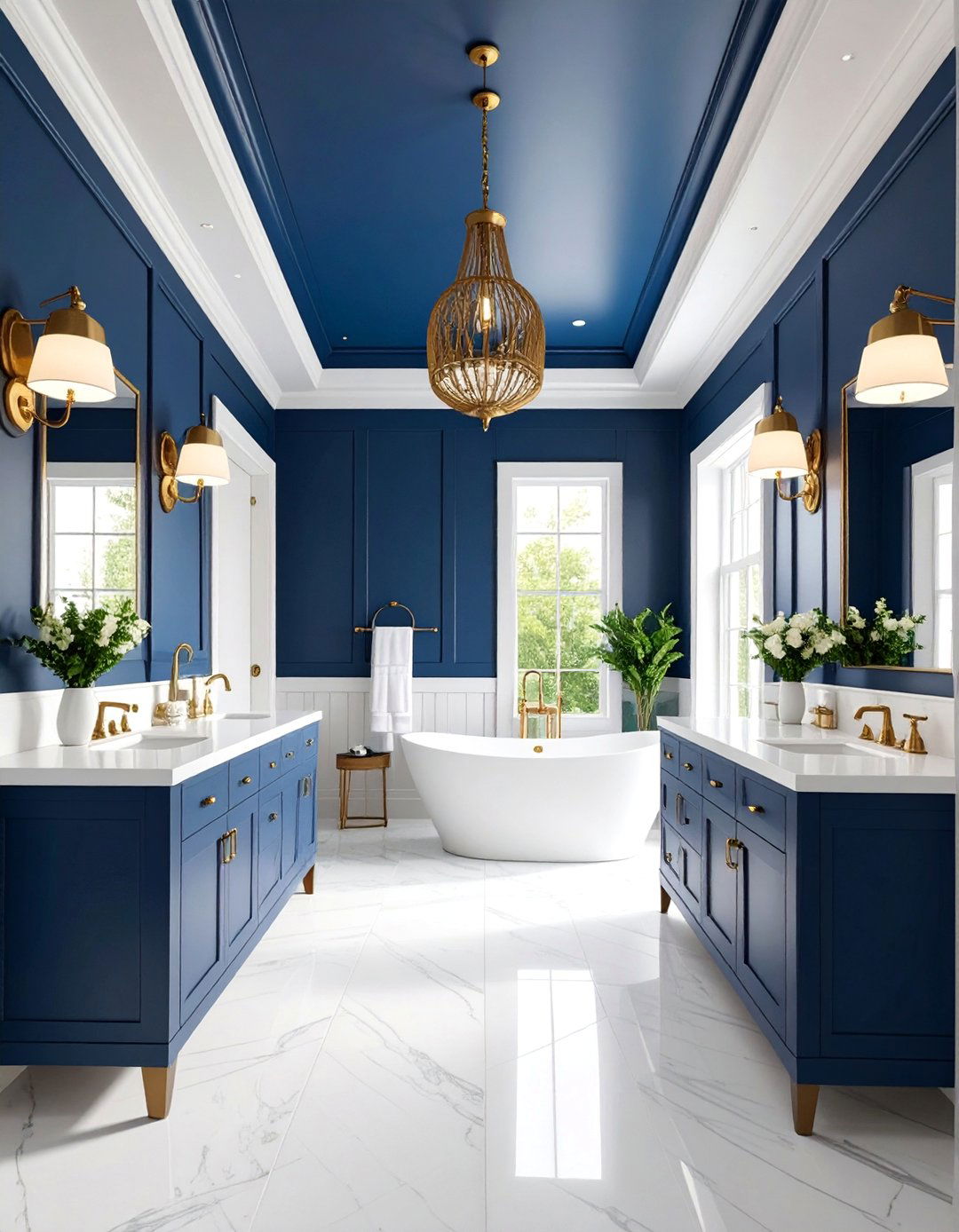 Navy Blue Painted Ceiling Powder Room with Pendant Lighting - 25 navy blue powder room ideas
