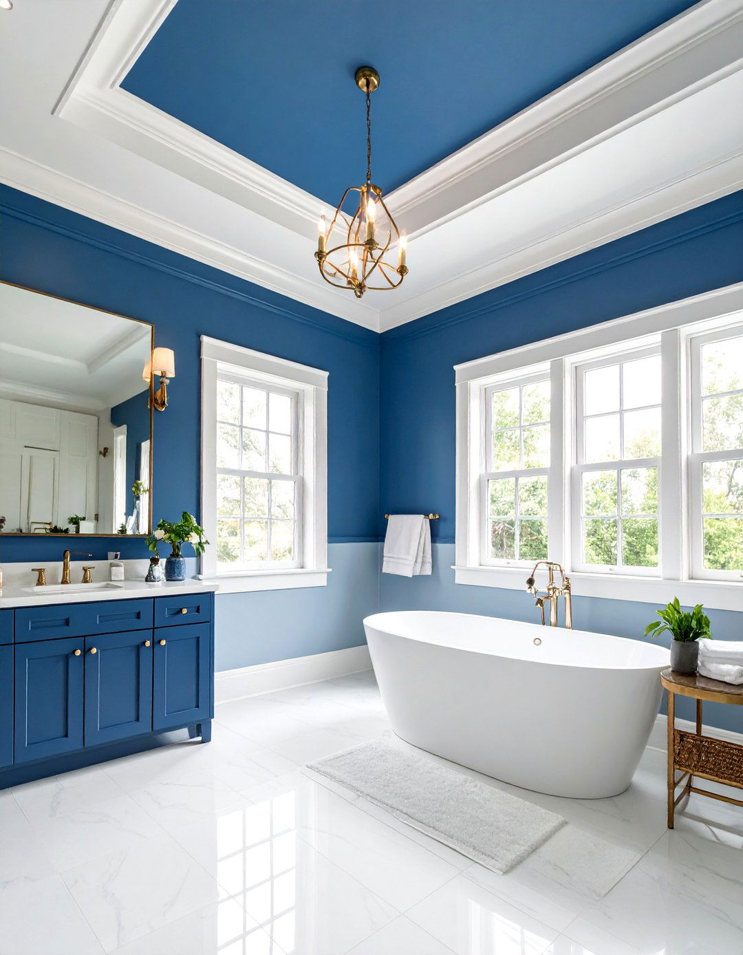 Navy Blue Painted Ceiling with White Trim - 25 Bathroom Ceiling Ideas