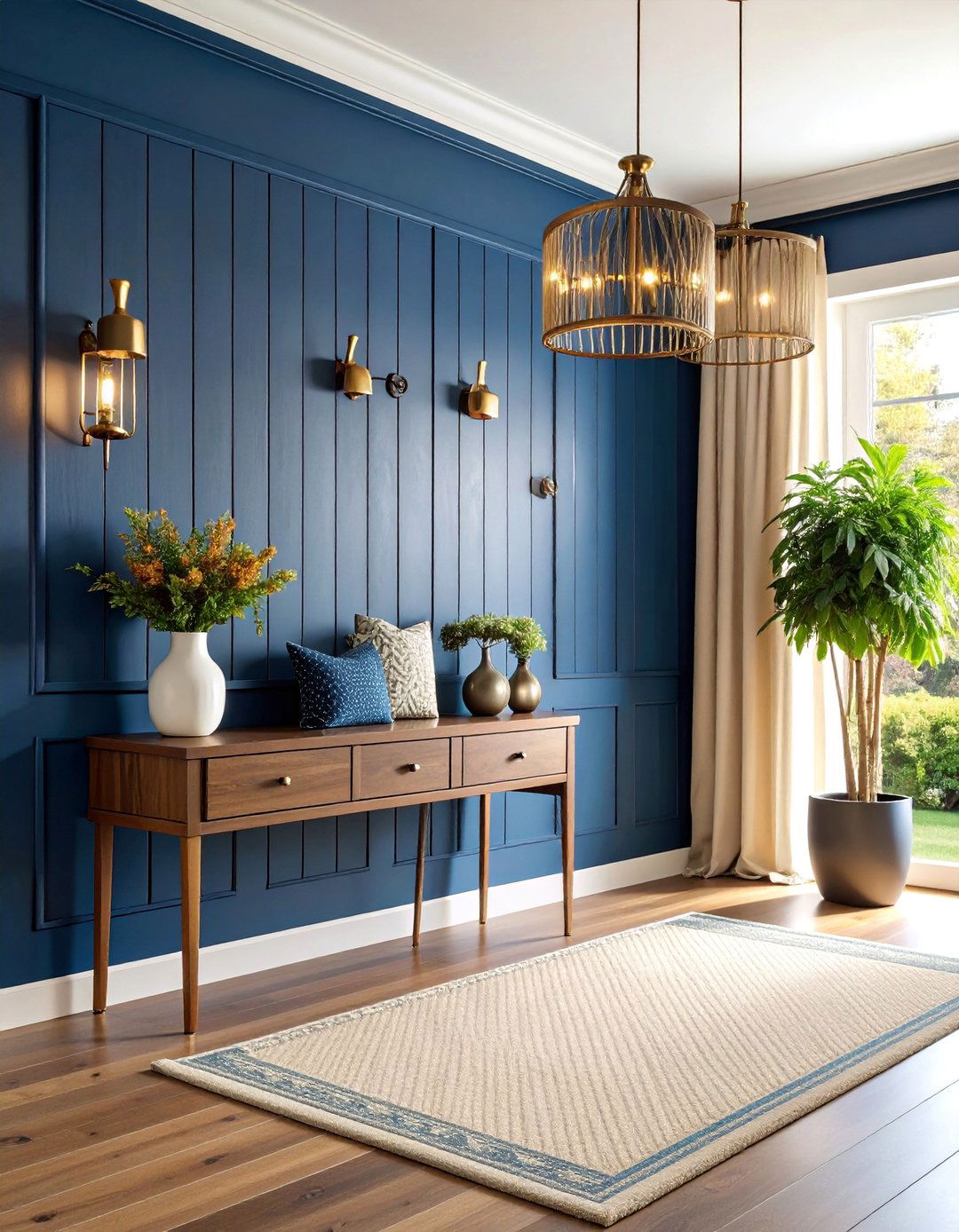 Navy Blue Painted Shiplap with Brass Accents - 25 Shiplap Wall Entryway Ideas