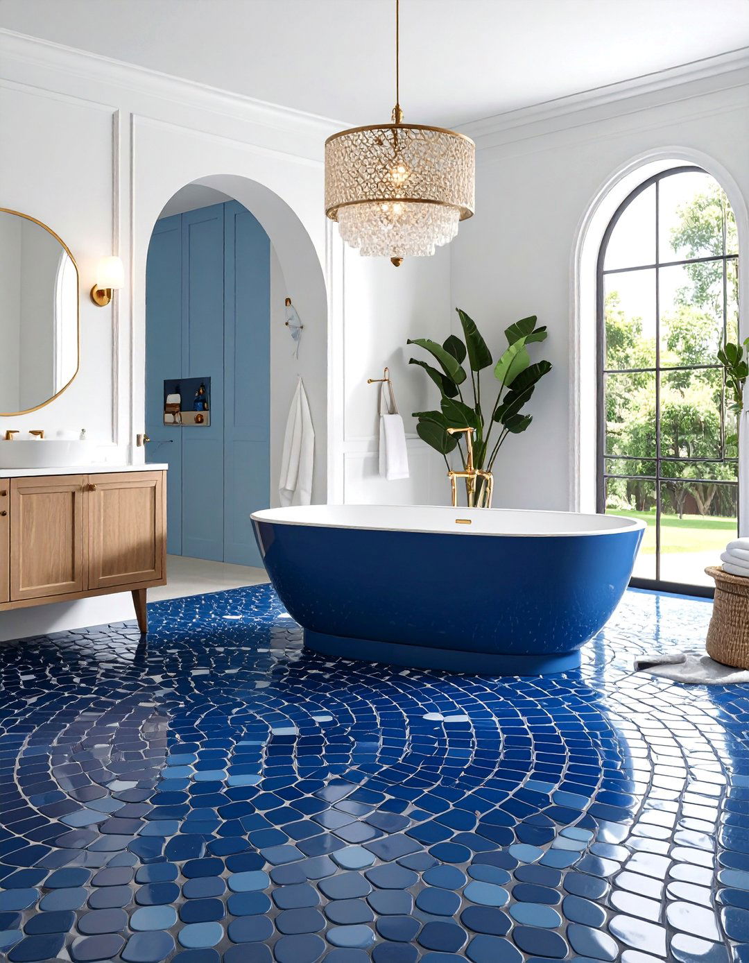 Navy Blue Penny Tile Floor Design - 25 Navy Blue Bathroom Ideas