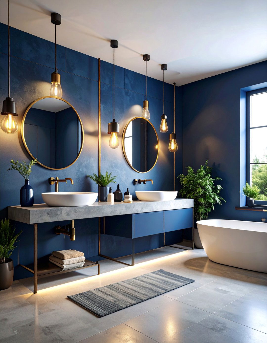 Navy Blue Powder Room with Industrial Pipe Fixtures - 25 navy blue powder room ideas