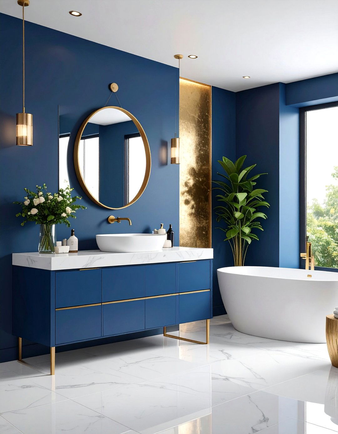 Navy Blue Powder Room with Metallic Accent Wall - 25 navy blue powder room ideas