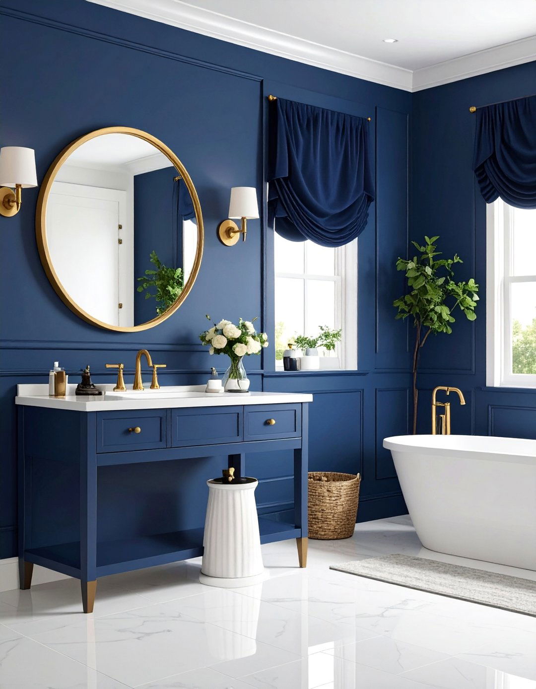 Navy Blue Powder Room with Round Window Feature - 25 navy blue powder room ideas