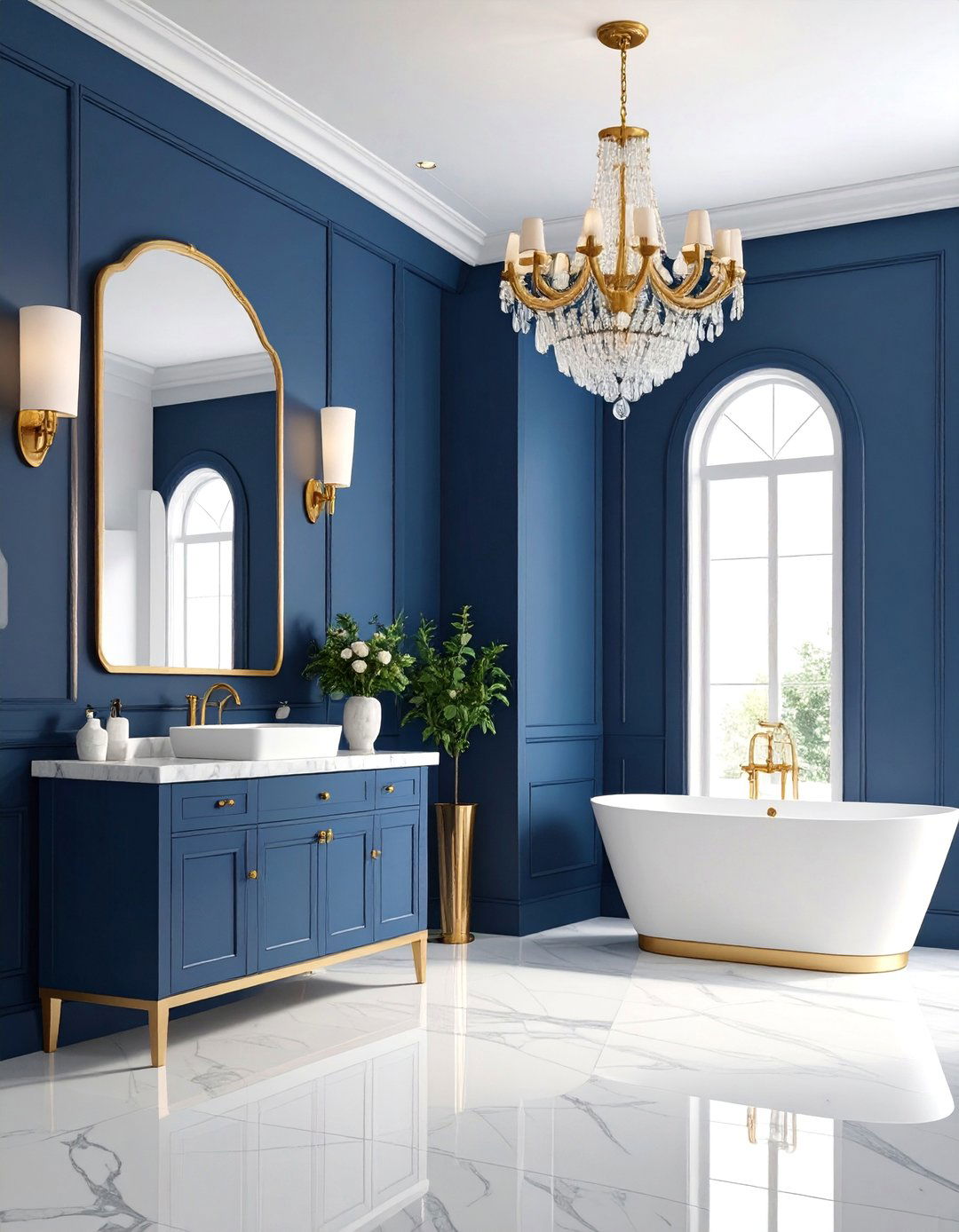 Navy Blue Powder Room with Statement Chandelier Lighting - 25 navy blue powder room ideas
