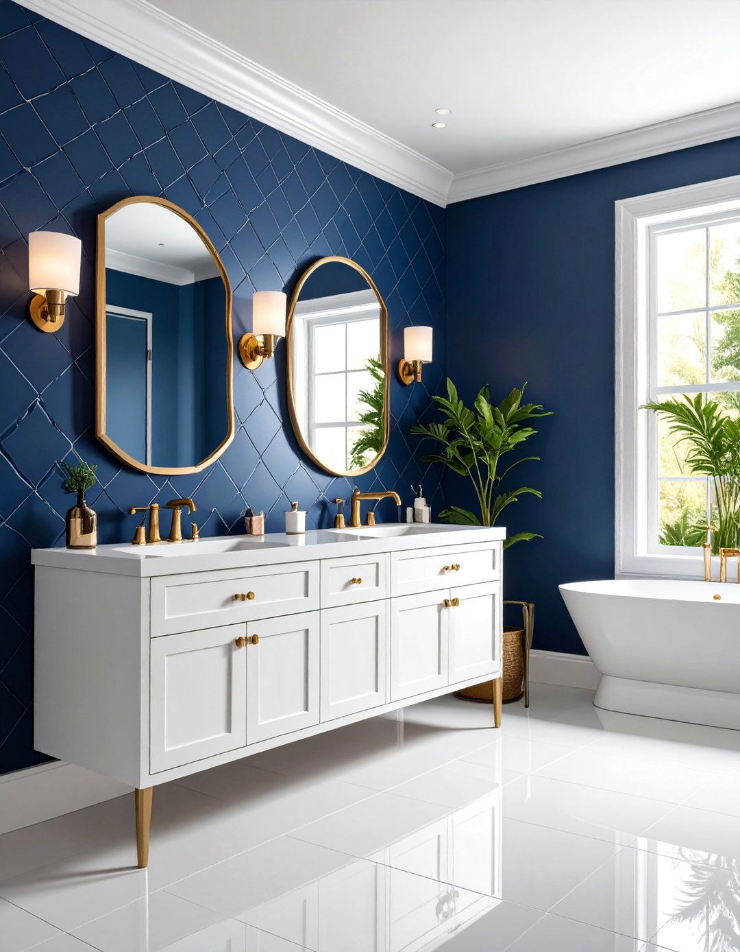 Navy Blue Powder Room with Trellis Pattern Wallpaper - 25 navy blue powder room ideas