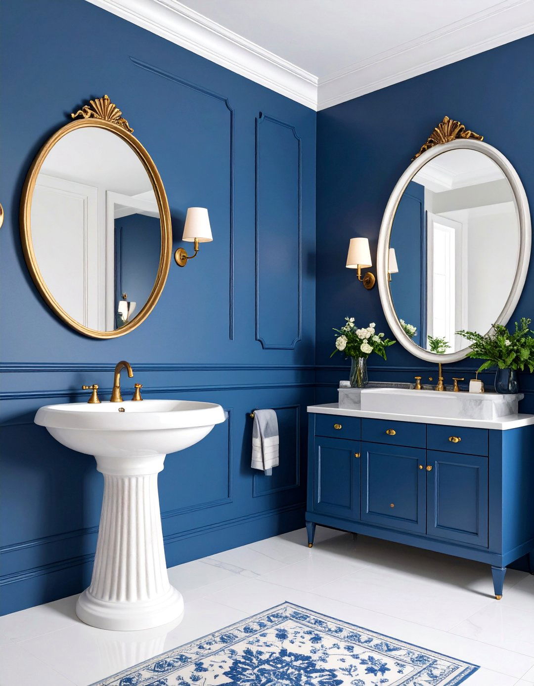 Navy Blue Powder Room with Vintage Wallpaper Border - 25 navy blue powder room ideas