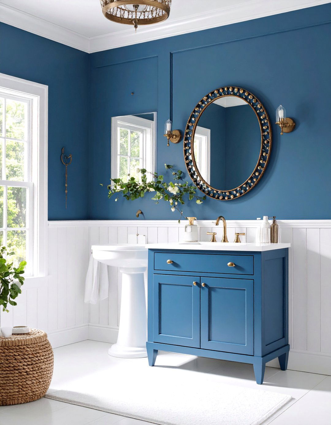 Navy Blue Powder Room with White Beadboard Wainscoting - 25 navy blue powder room ideas