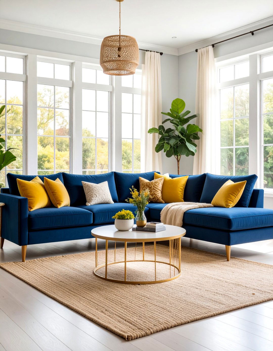 Navy Blue Sectional with Mustard Yellow Accent Pillows - 25 Yellow and Blue Living Room Ideas