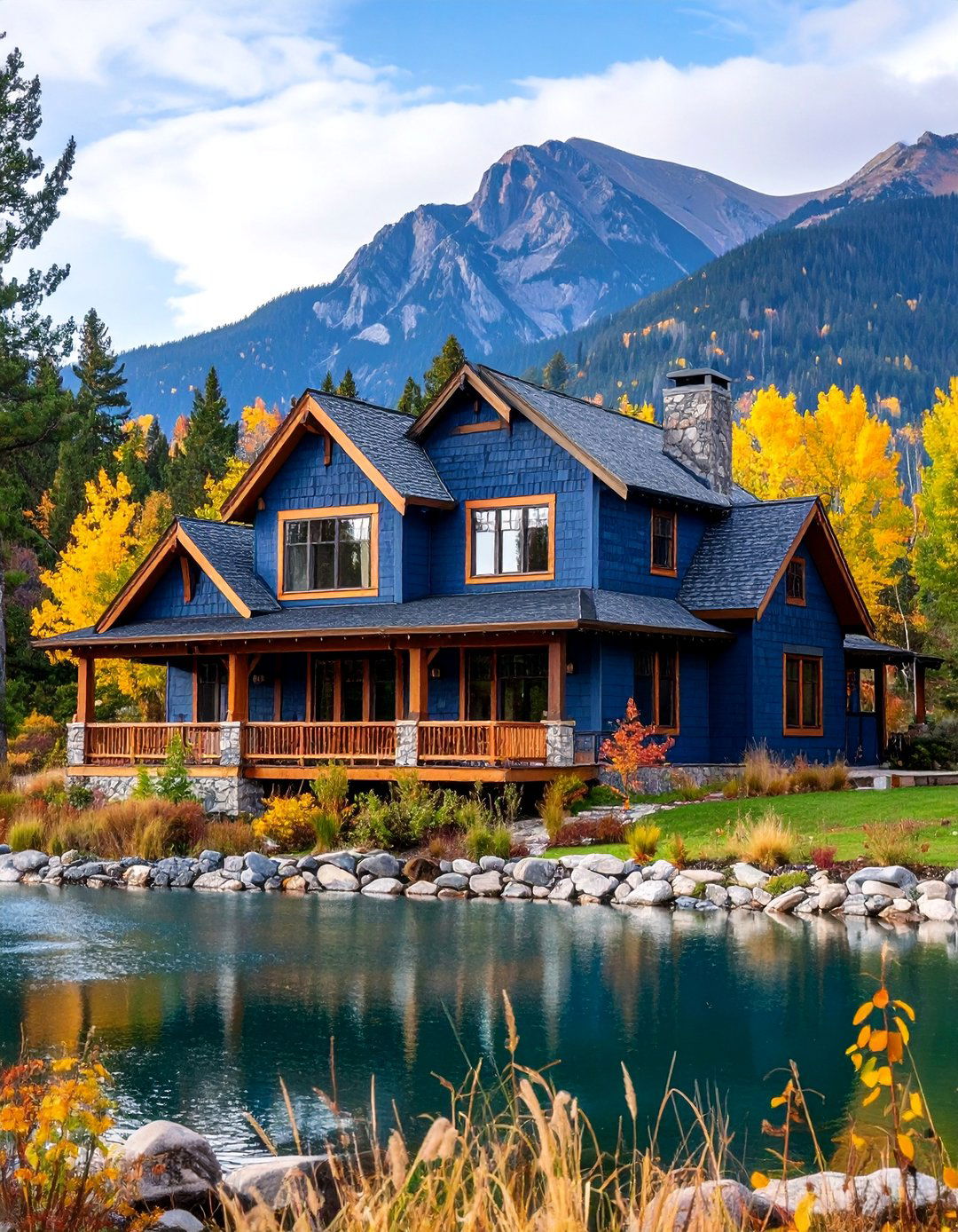 Navy Blue Shake Siding with Natural Wood Accents - 25 Midnight Blue & Dark Blue House Siding Colors