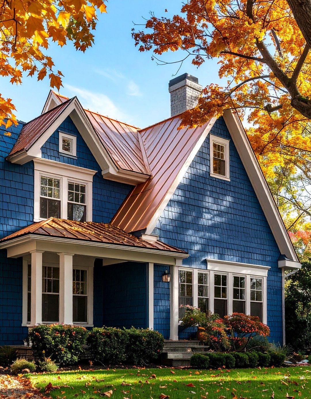Navy Blue Shake with Copper Standing Seam Roofing - 25 Midnight Blue & Dark Blue House Siding Colors
