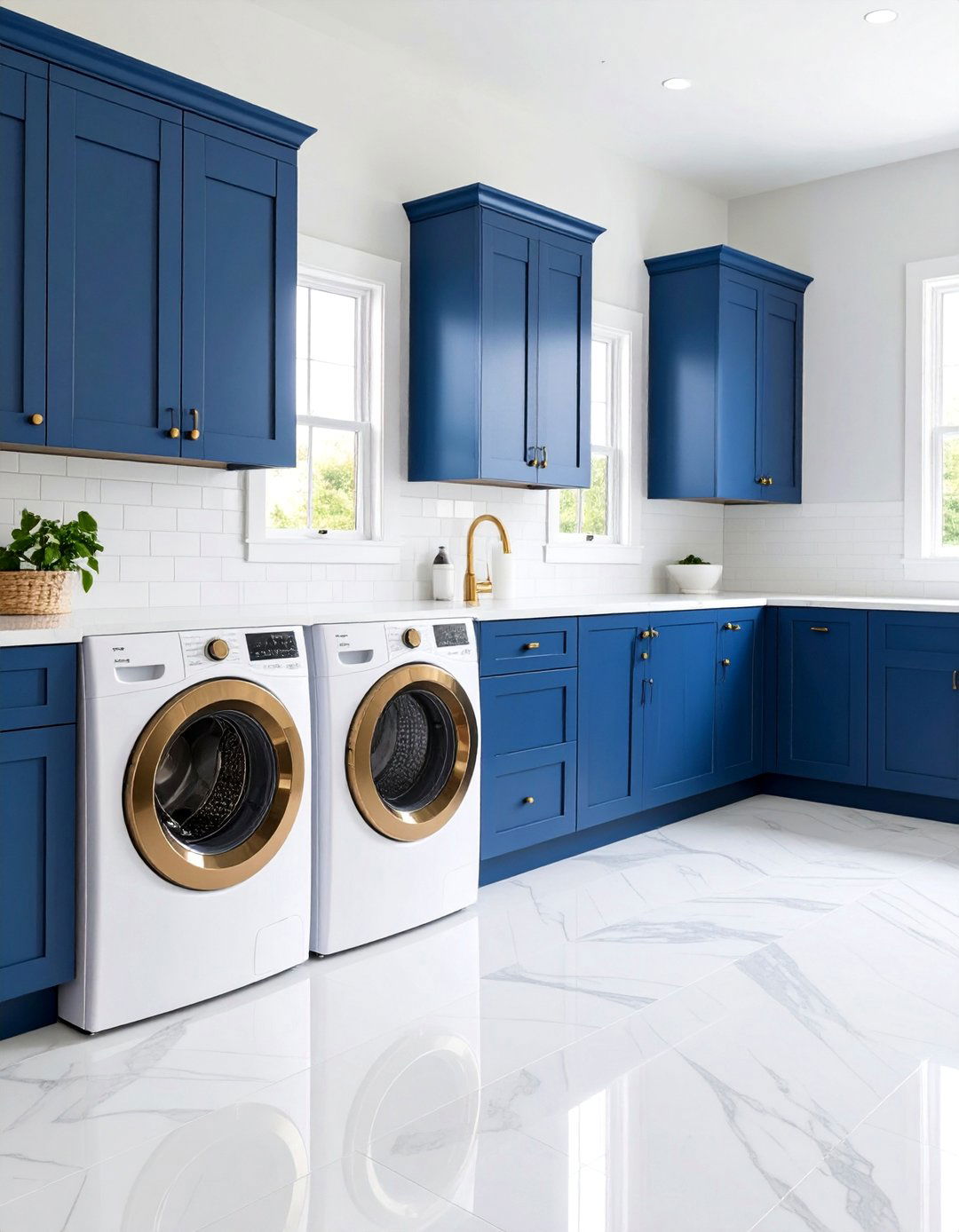Navy Blue Shaker Cabinets with Brass Hardware - 25 Blue Laundry Room Ideas