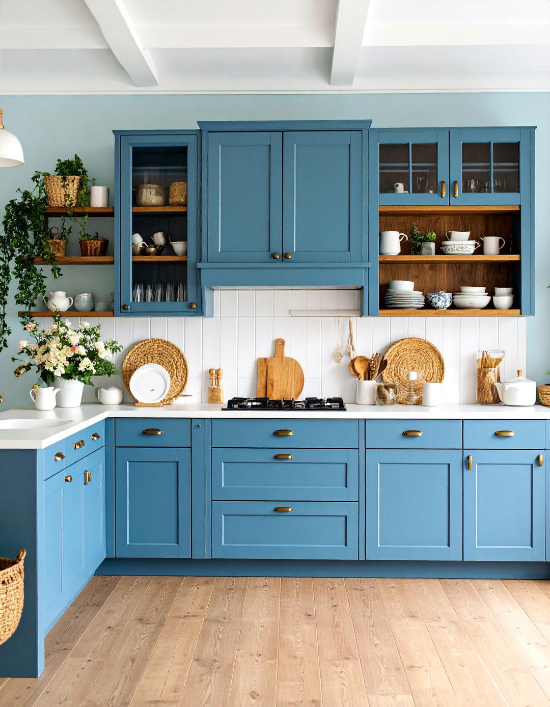Navy Blue Shaker Kitchen with Open Wood Shelving - 25 Dark Kitchen Ideas