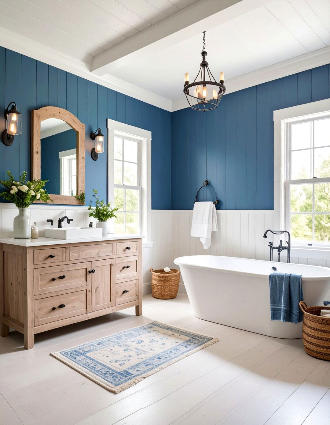 Navy Blue Shiplap Farmhouse Bathroom - 25 Navy Blue Bathroom Ideas