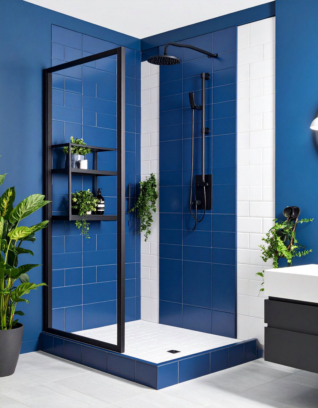 Navy Blue Shower Niche with Black Shelving - 25 black and blue bathroom ideas