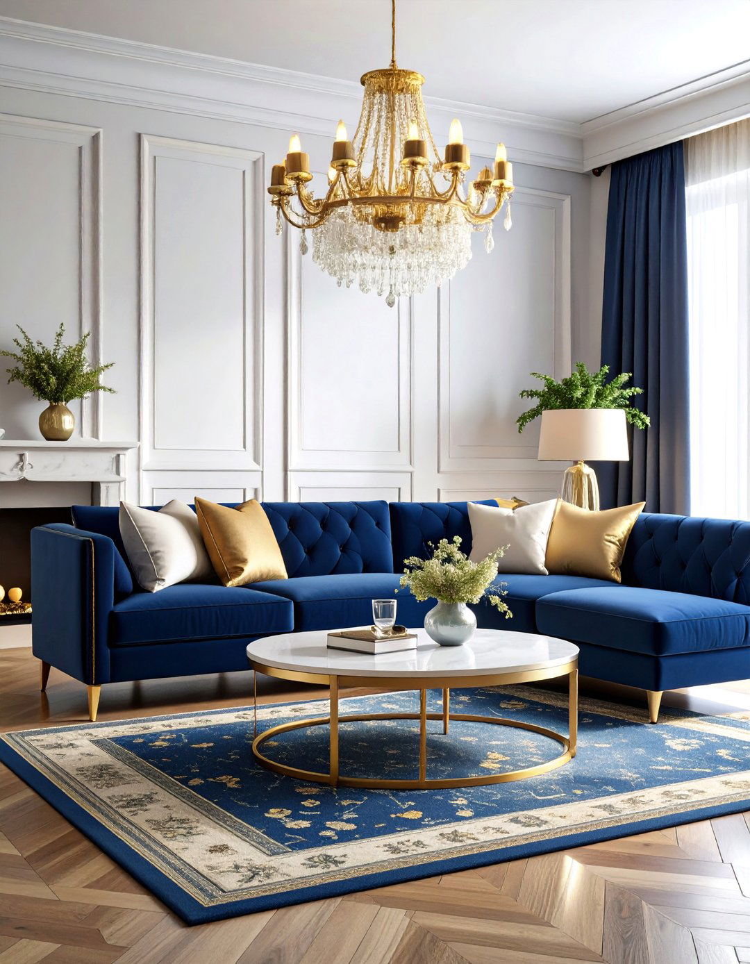 Navy Blue Sofa with Brass and Marble Luxurious Accents - 25 Blue Couch Living Room Ideas