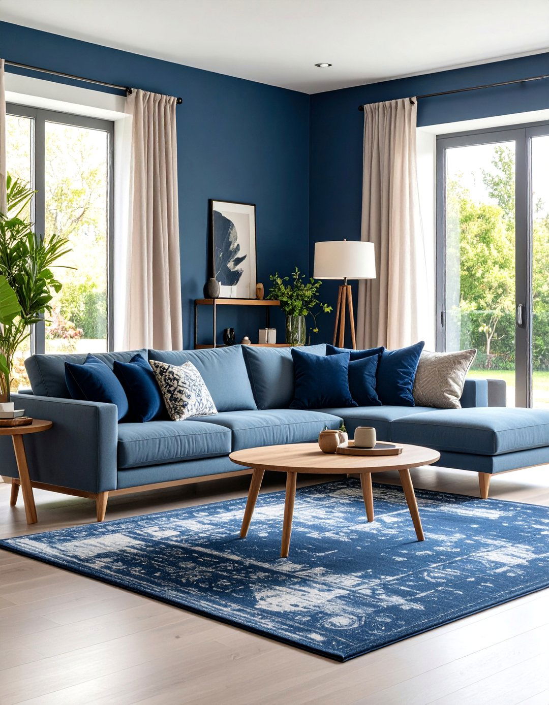 Navy Blue Statement Wall with Grey Sectional Living Room - 25 Navy Blue and Grey Living Room Ideas