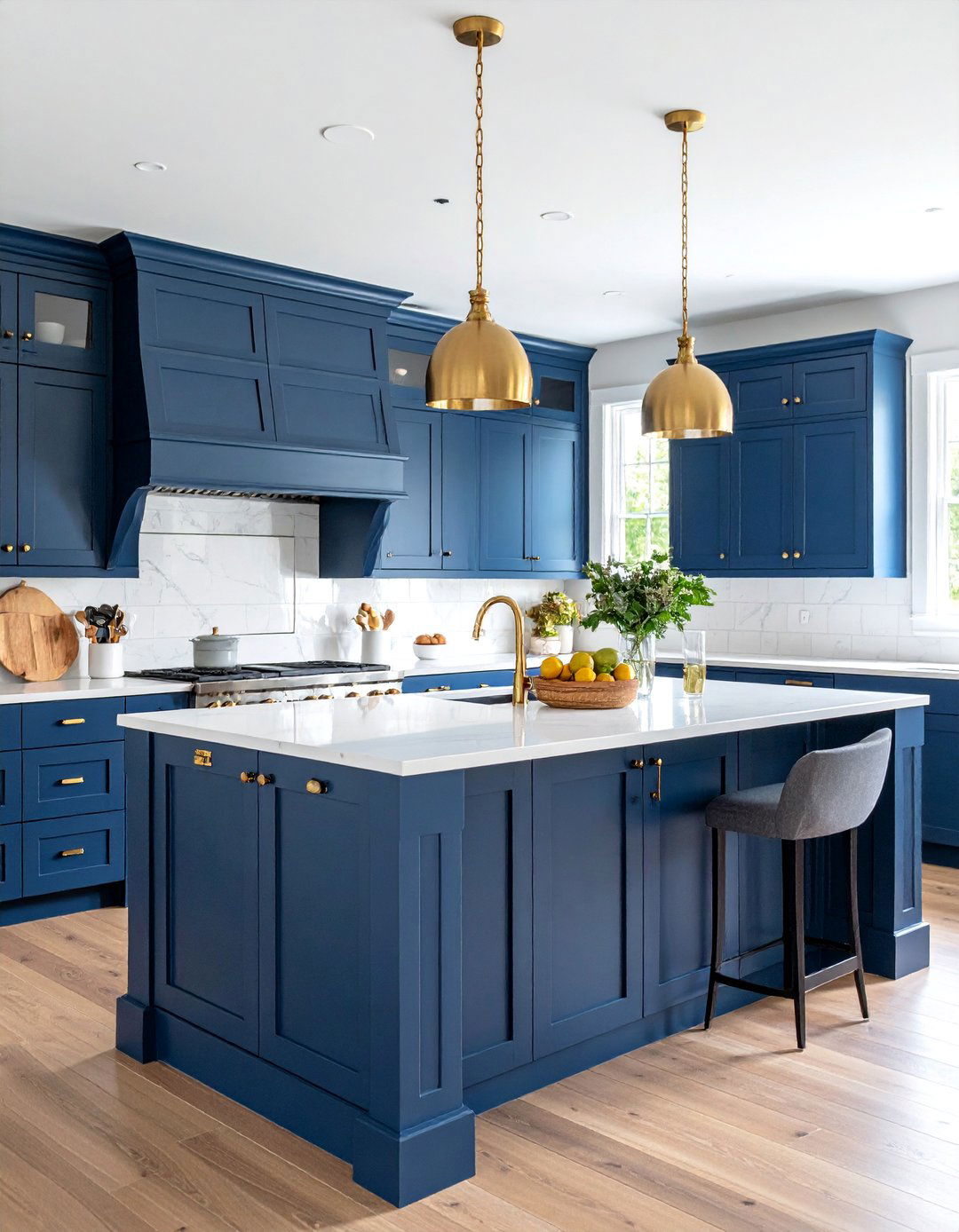 Navy Blue Traditional Shaker with Brass Hardware - 25 Blue Kitchen Island Ideas