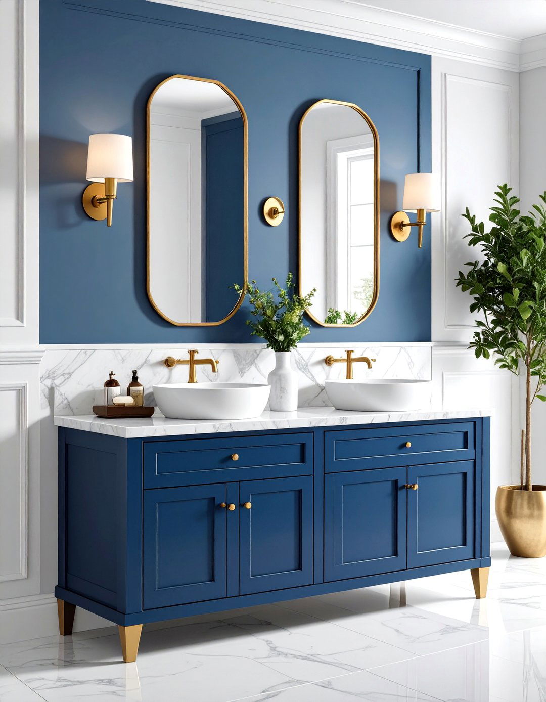 Navy Blue Vanity Powder Room with Marble Countertops - 25 navy blue powder room ideas