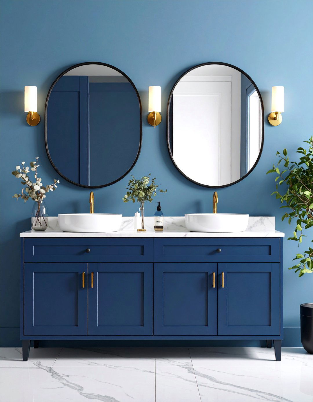 Navy Blue Vanity with Black Hardware - 25 black and blue bathroom ideas