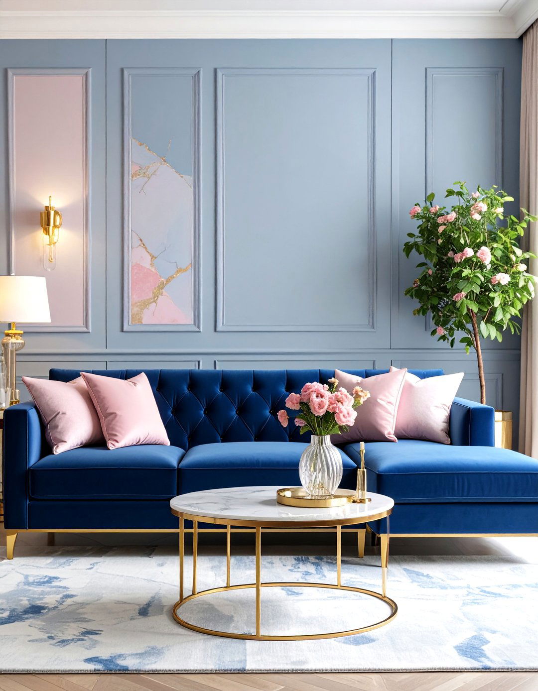 Navy Blue Velvet Sofa with Blush Pink Accents - 25 Pink and Blue Living Room Ideas