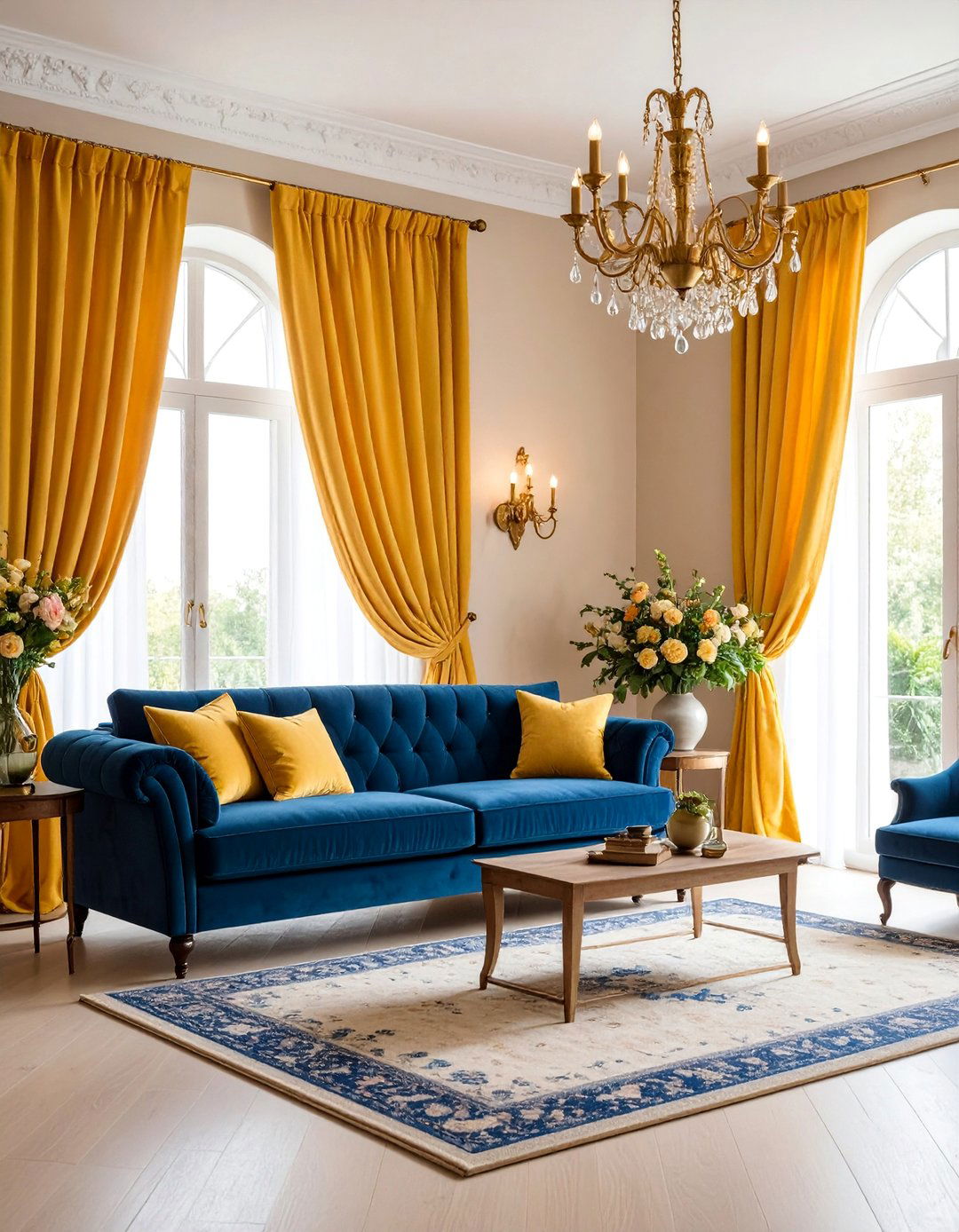 Navy Blue Velvet Sofa with Bright Yellow Curtains - 25 Yellow and Blue Living Room Ideas