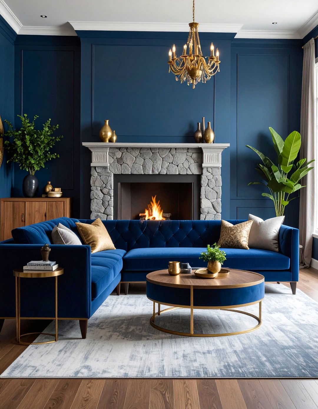 Navy Blue Velvet Sofa with Grey Stone Fireplace Living Room - 25 Navy Blue and Grey Living Room Ideas