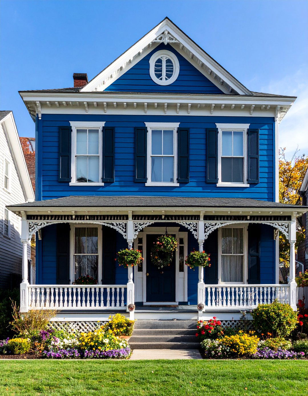 Navy Blue Victorian with Black Decorative Elements - 25 Blue House With Black Trim Ideas