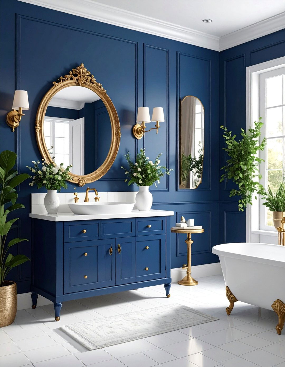 Navy Blue Vintage Powder Room with Antique Fixtures - 25 navy blue powder room ideas