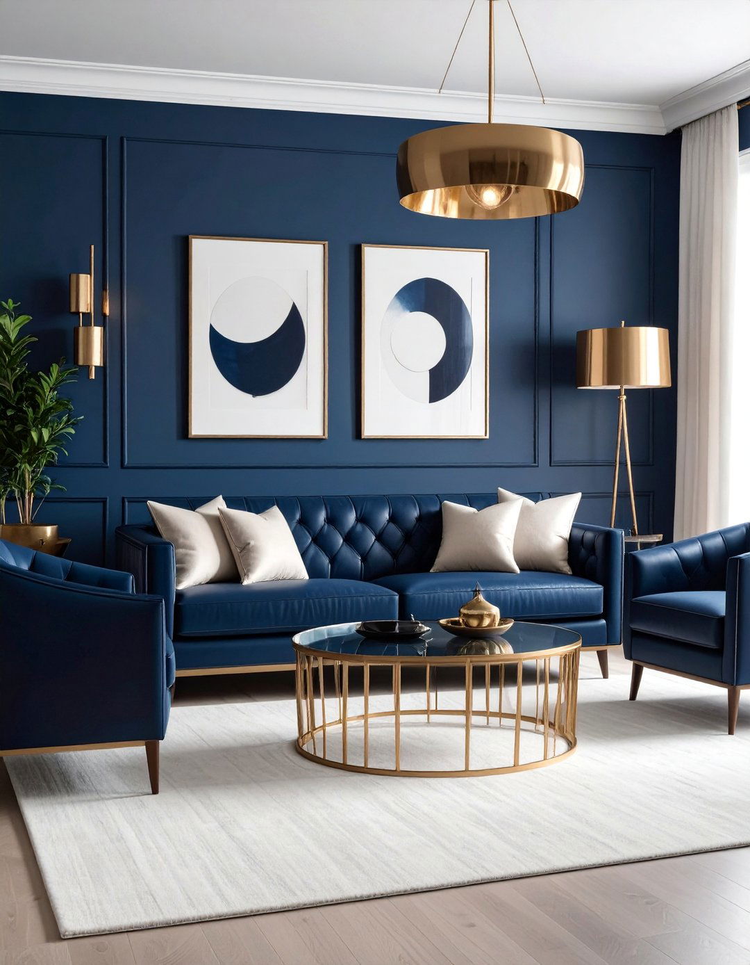 Navy Blue Walls with Black Leather Furniture - 25 Black and Blue Living Room Ideas