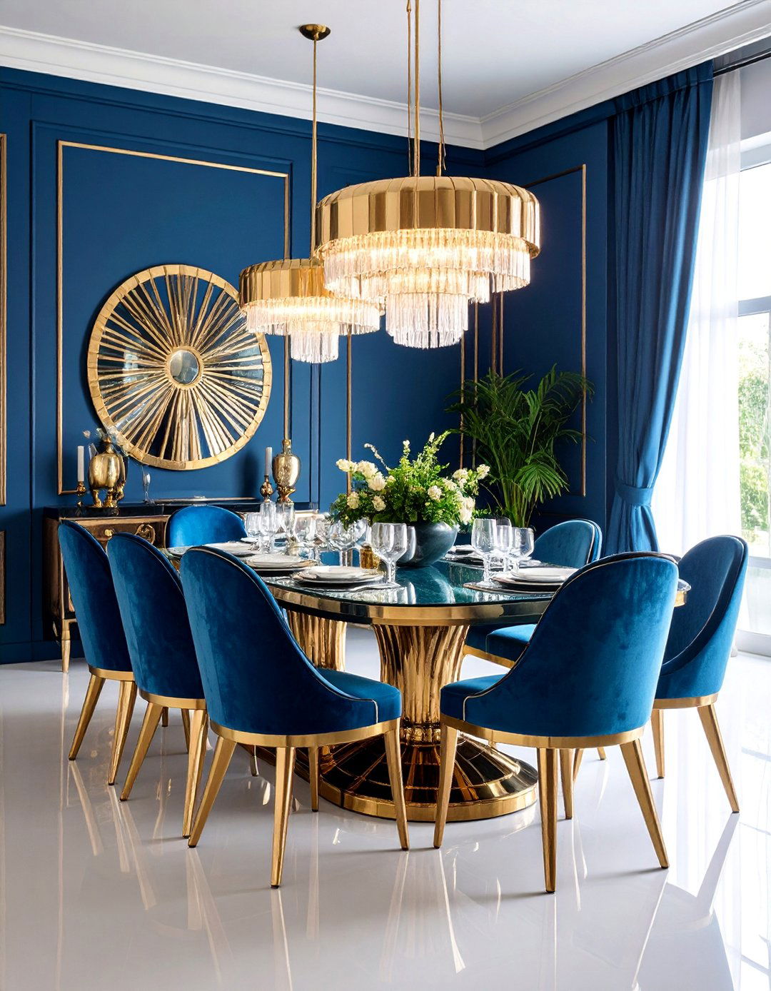 Navy Blue and Brass Art Deco Glamour - 25 Navy Blue Dining Room Ideas