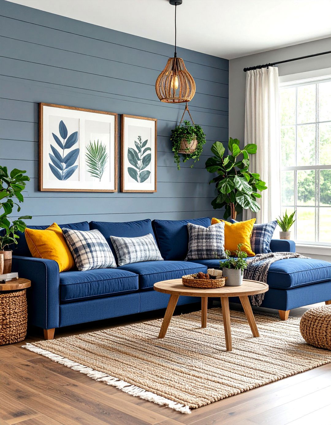 Navy Blue and Grey Farmhouse Living Room with Shiplap - 25 Navy Blue and Grey Living Room Ideas