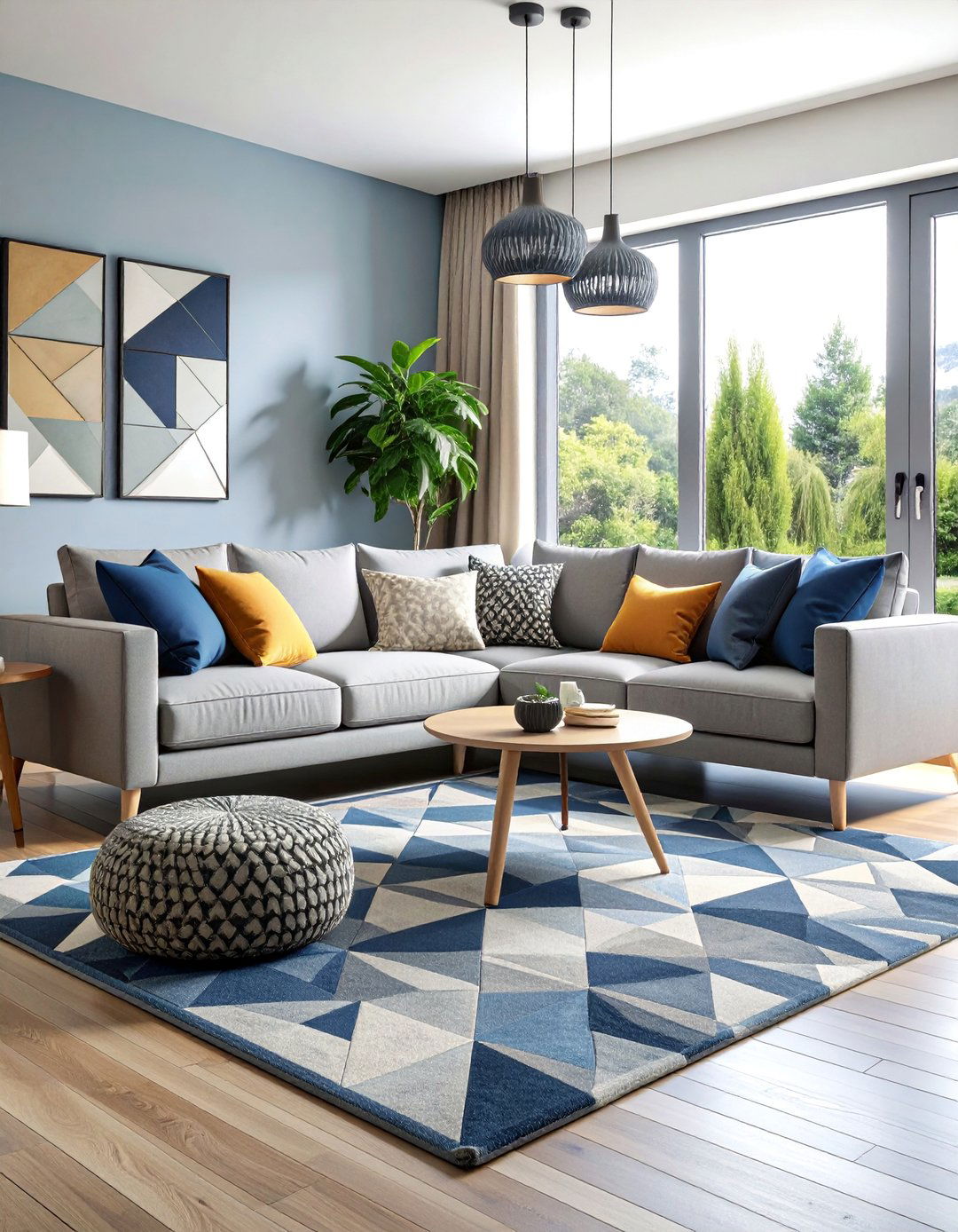 Navy Blue and Grey Geometric Pattern Living Room - 25 Navy Blue and Grey Living Room Ideas